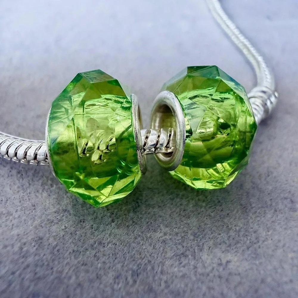 Set of 2 Faceted Lime Green Glass Charm Beads fits PANDORA